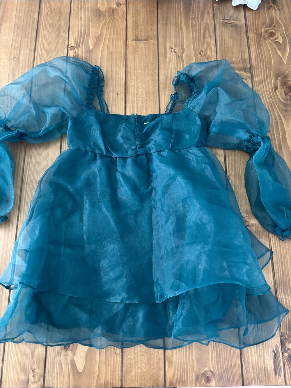 Sheer Puff-Sleeve Mini Dress in Emerald Green